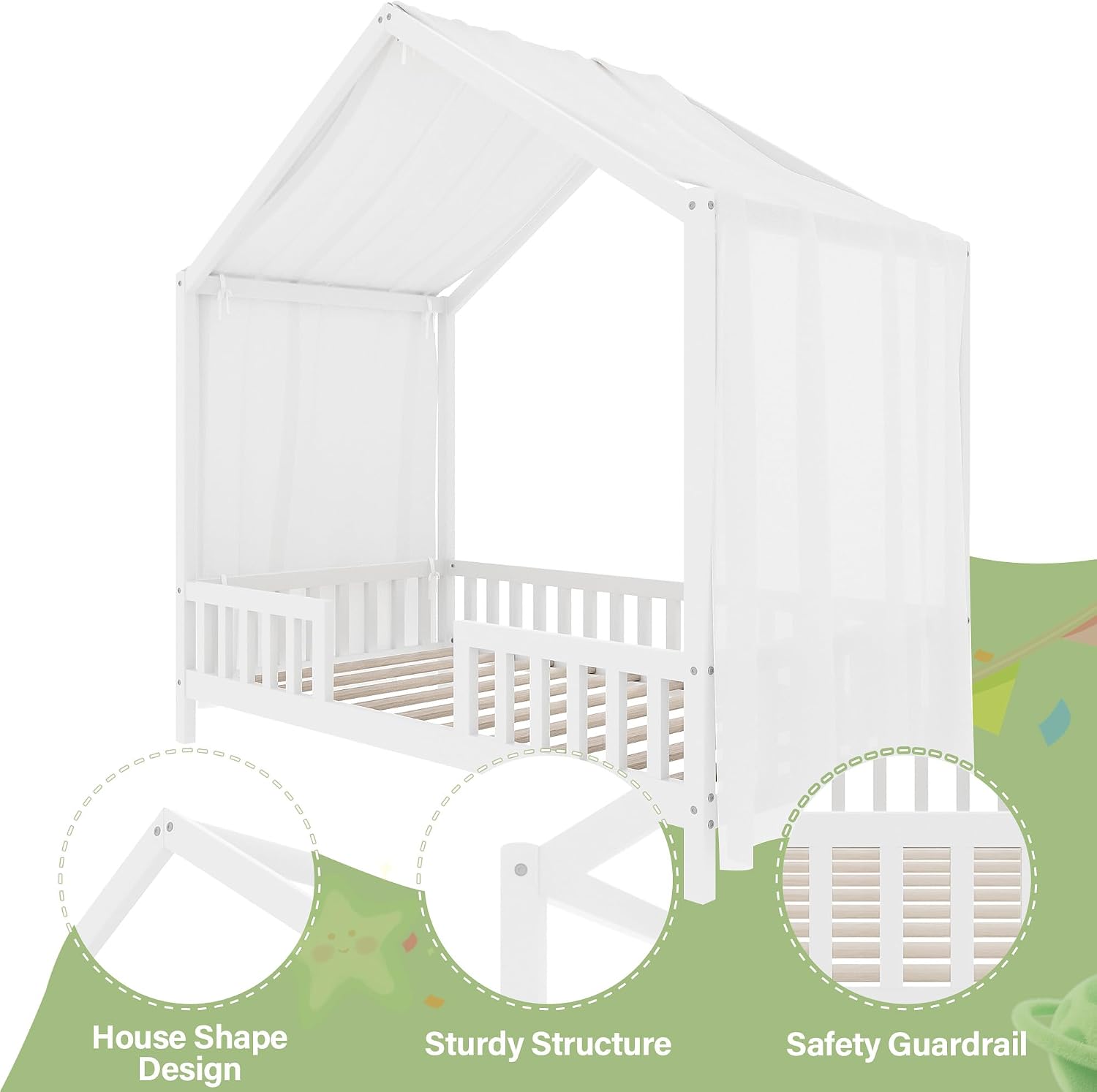 White Montessori House Bed with High Rails