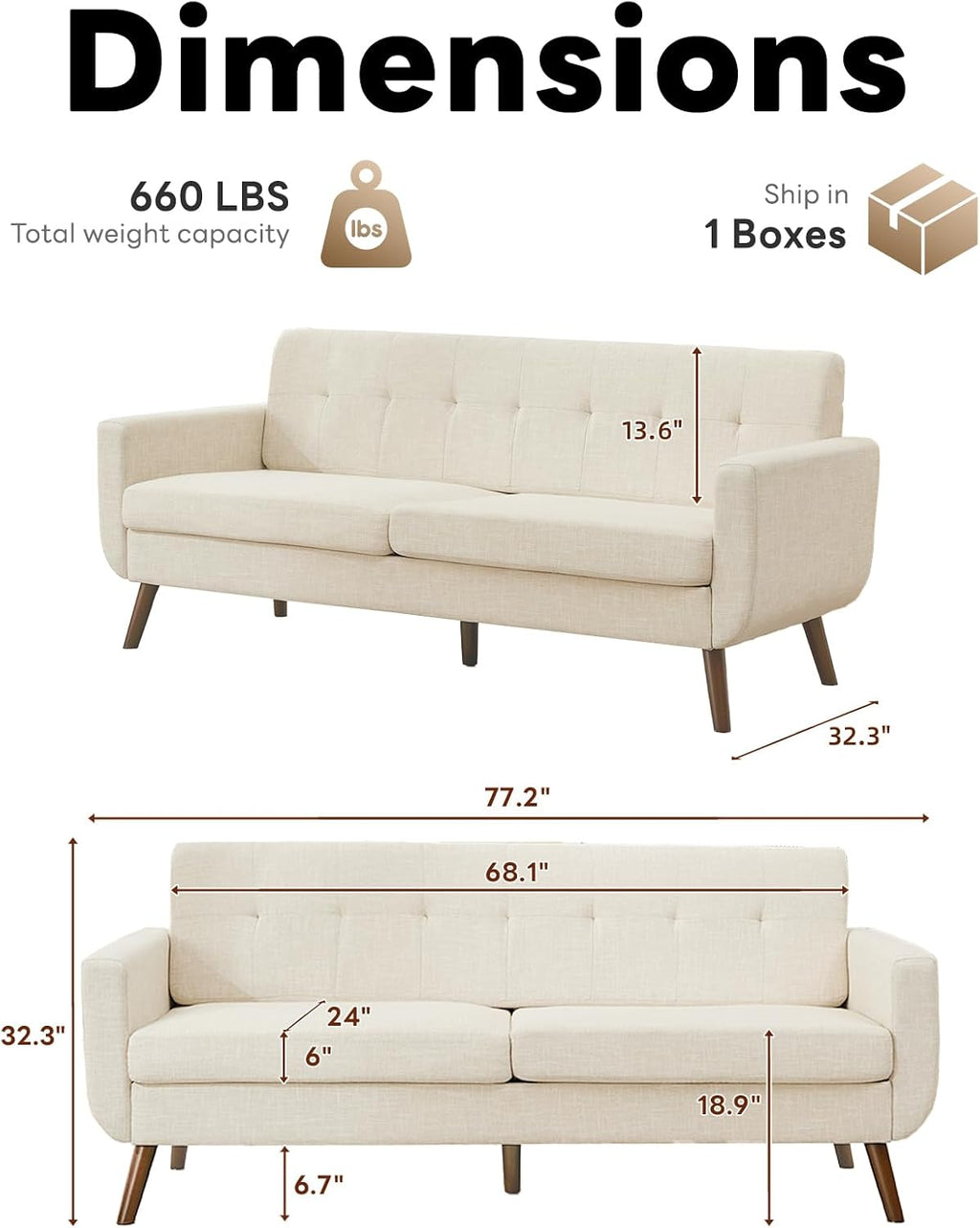 Beige Tufted Mid‑Century Linen Loveseat