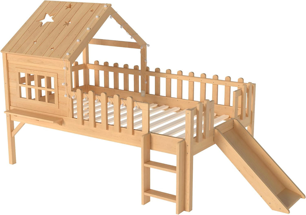 Twin Natural Playhouse Loft Bed with Slide