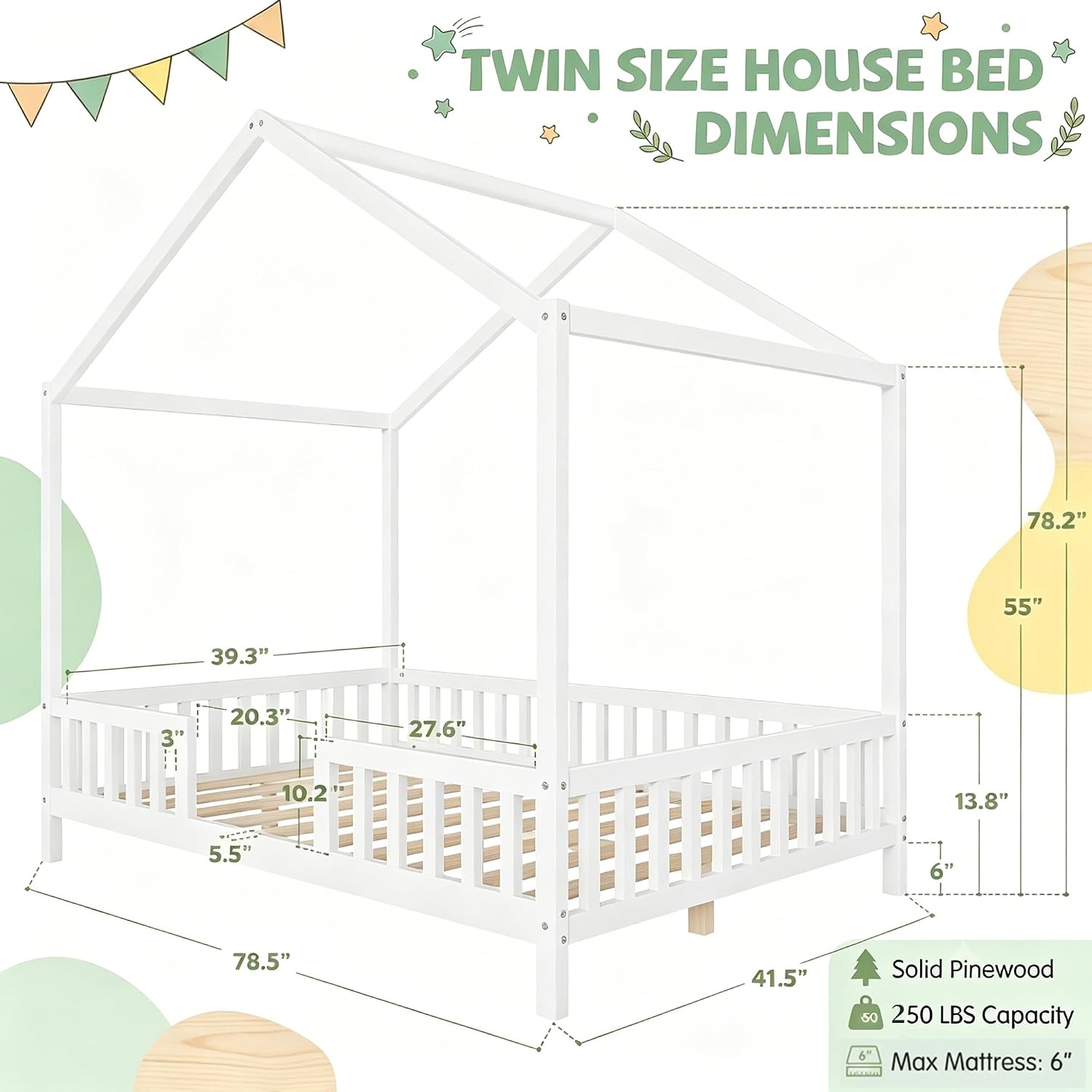 White Montessori House Bed with High Rails