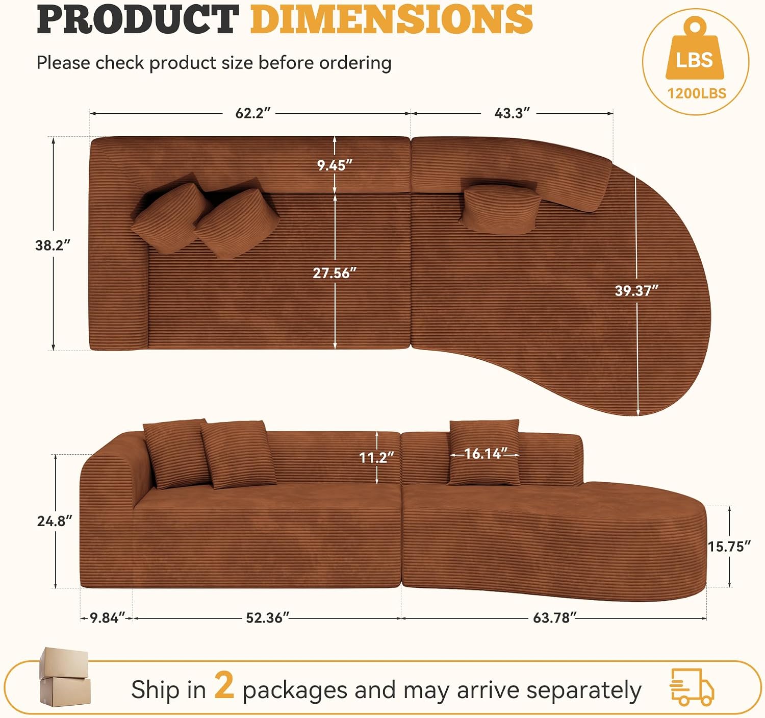 Brown Corduroy Curved Modular Cloud Sofa