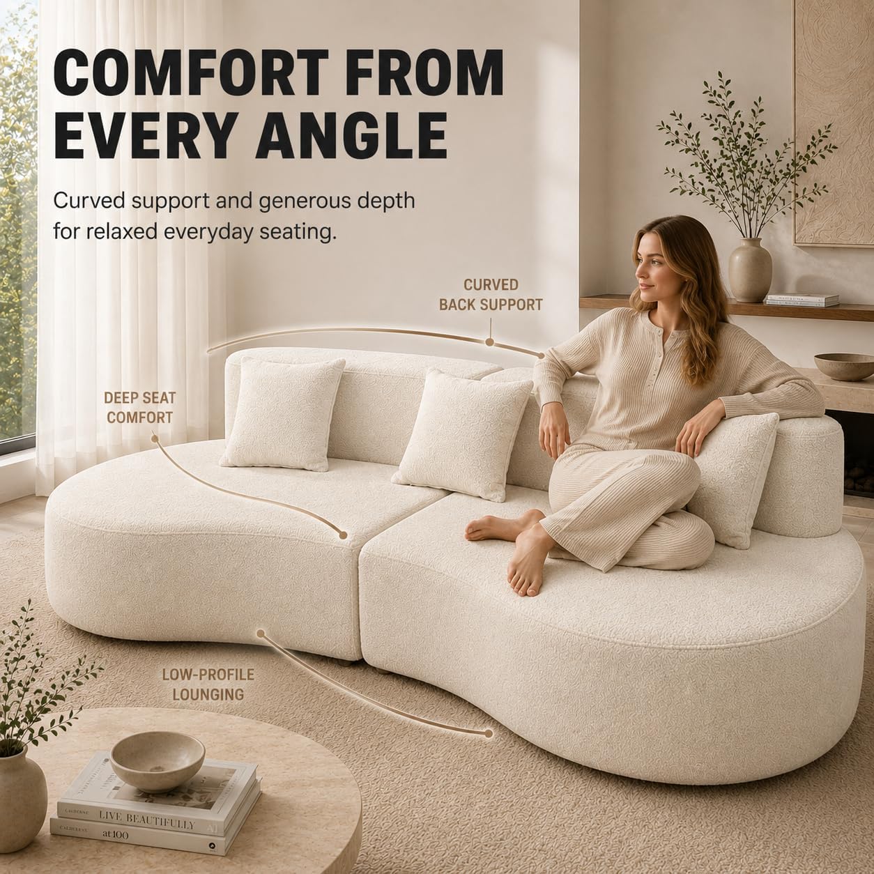 Cream Curved Modular 4‑Seater Sofa Bed