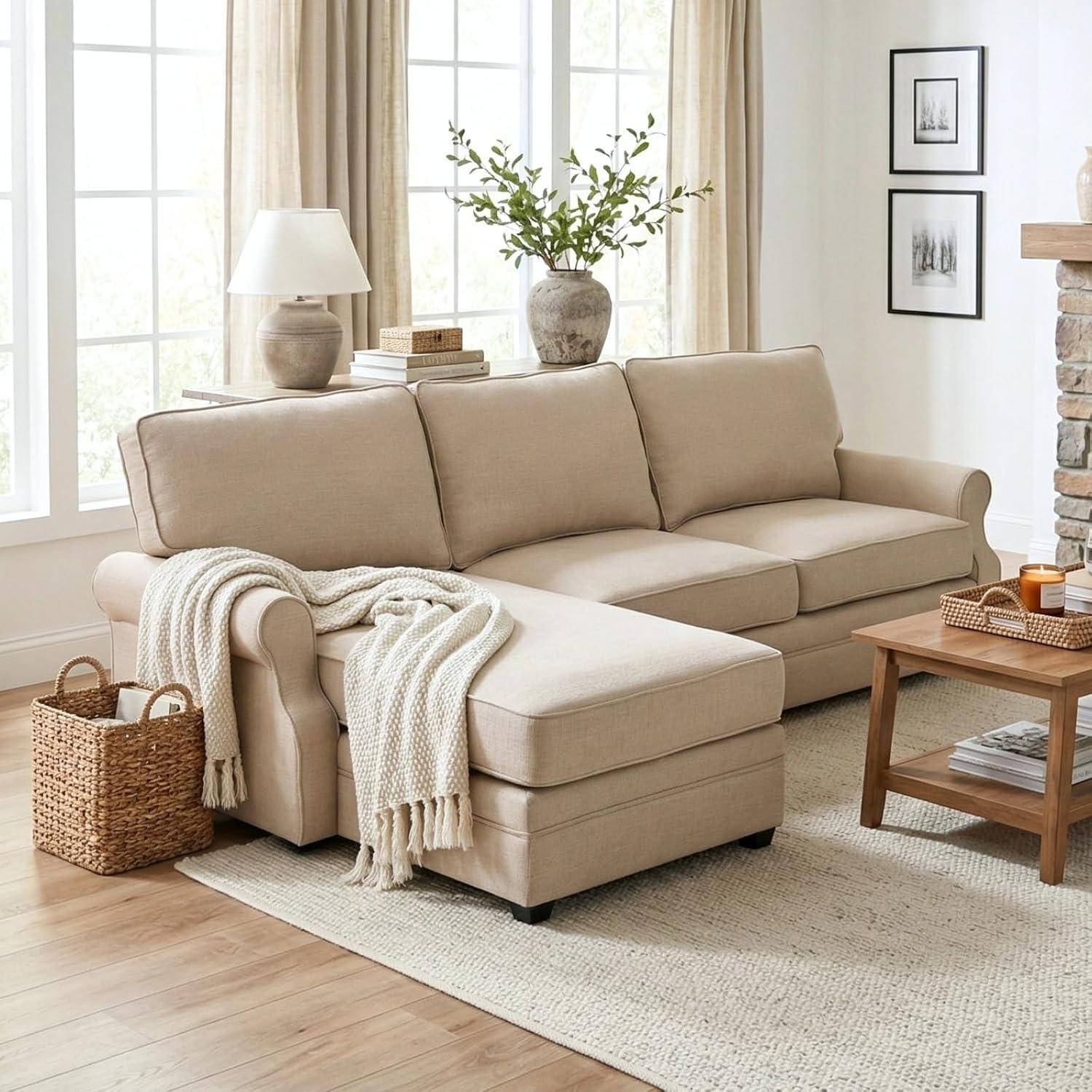 Beige L‑Shaped Farmhouse Sectional Sofa