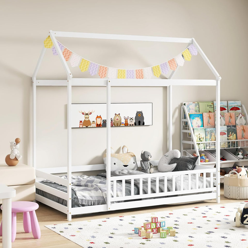 White Montessori House Floor Bed, Twin