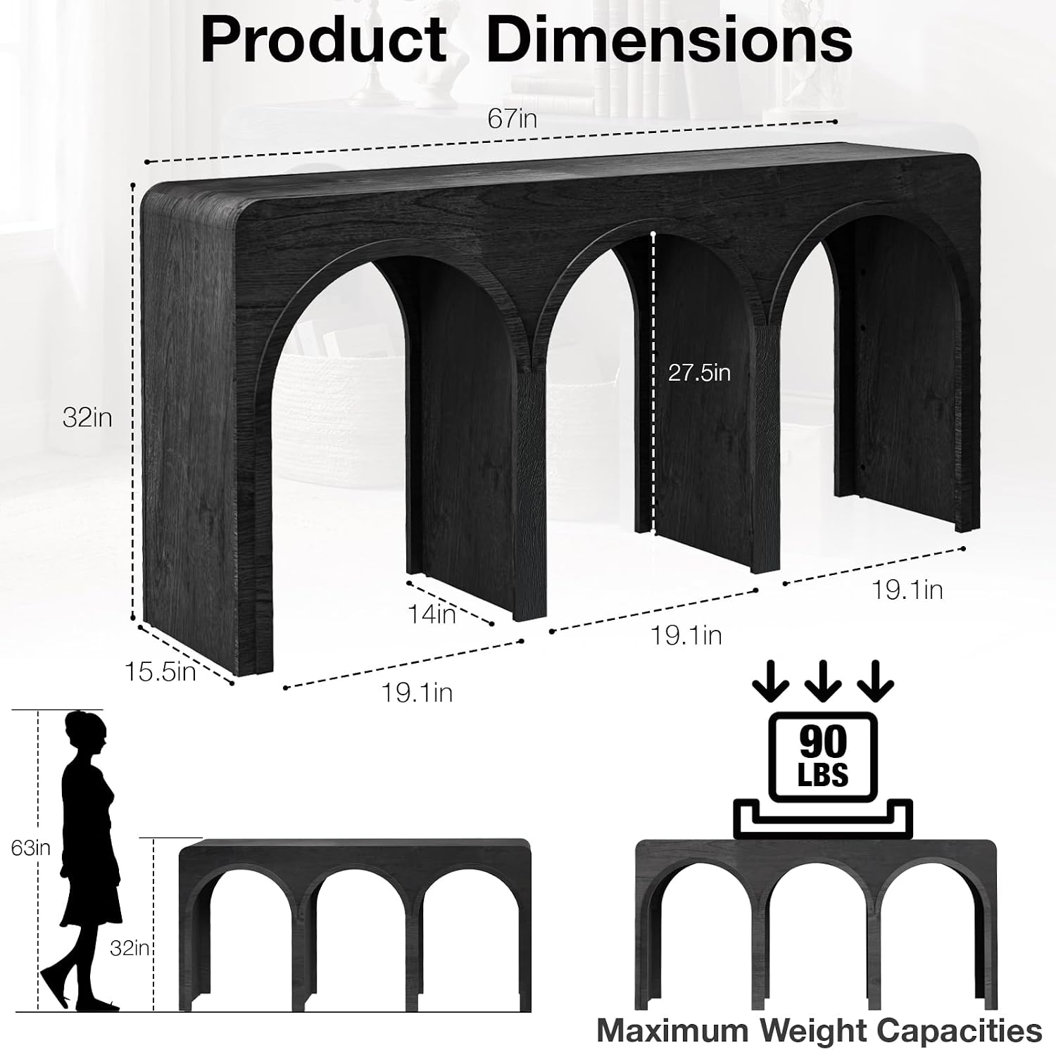 Arched Black Wood Entryway Console Table