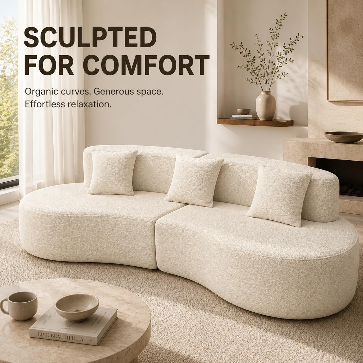 Cream Curved Modular 4‑Seater Sofa Bed
