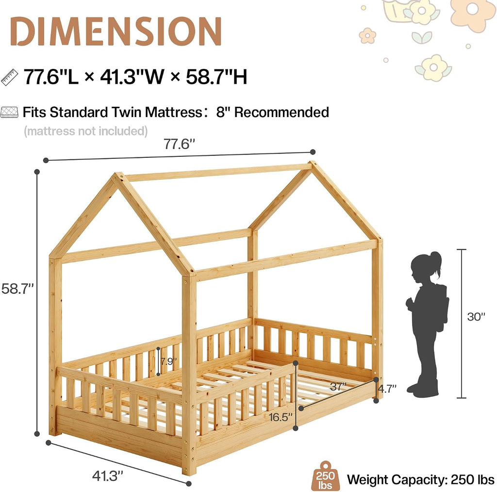 Solid Wood Twin House Bed with Guardrails