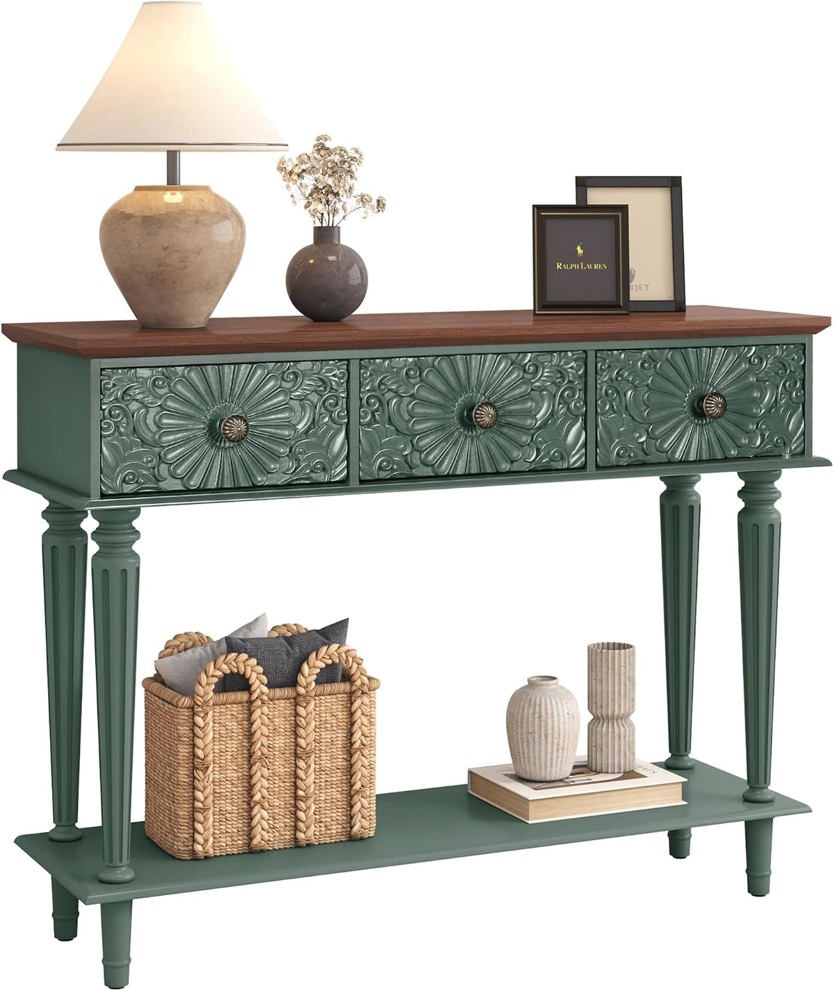 Green Floral‑Drawer Vintage Console Table