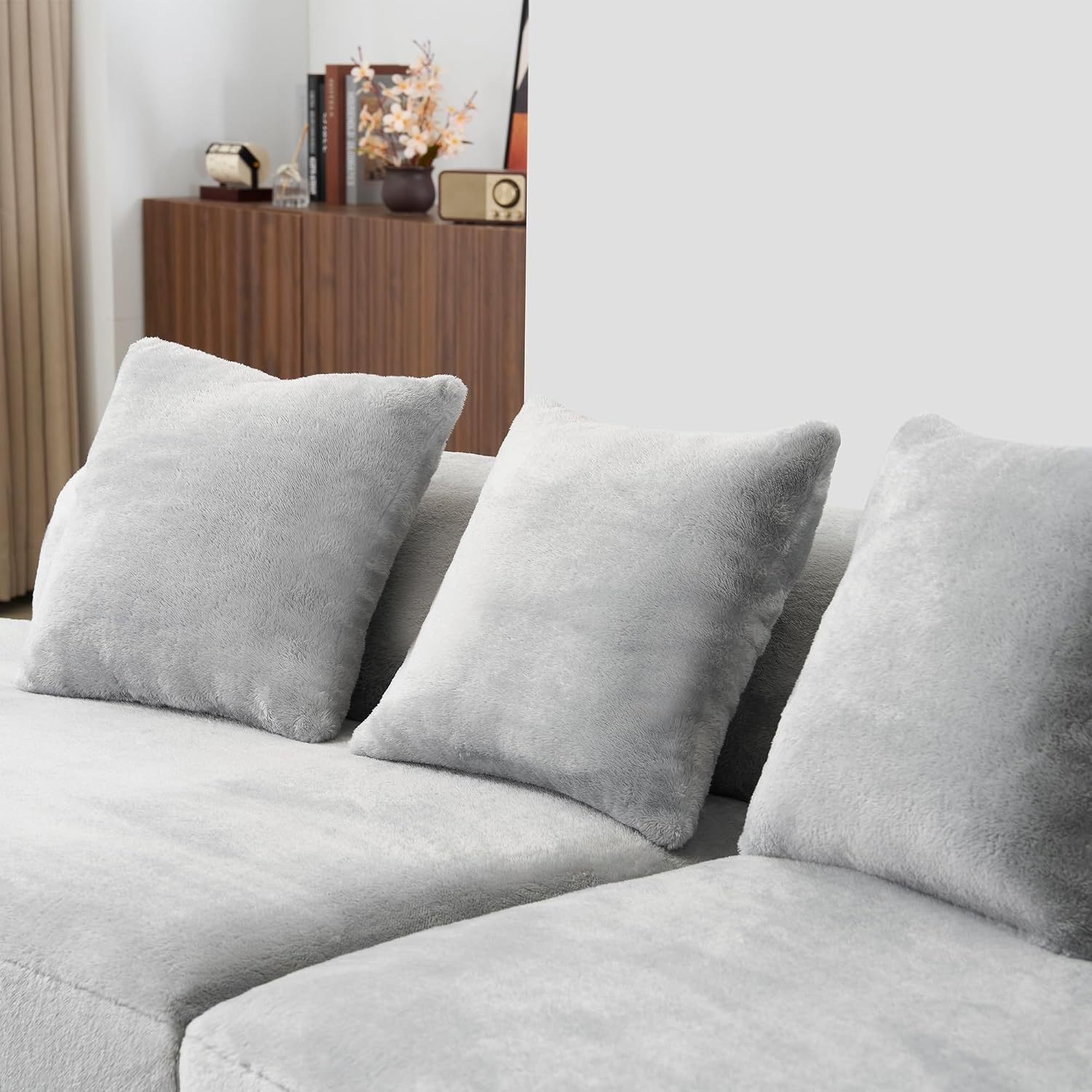 Grey Plush Curved Modular Sectional Sofa