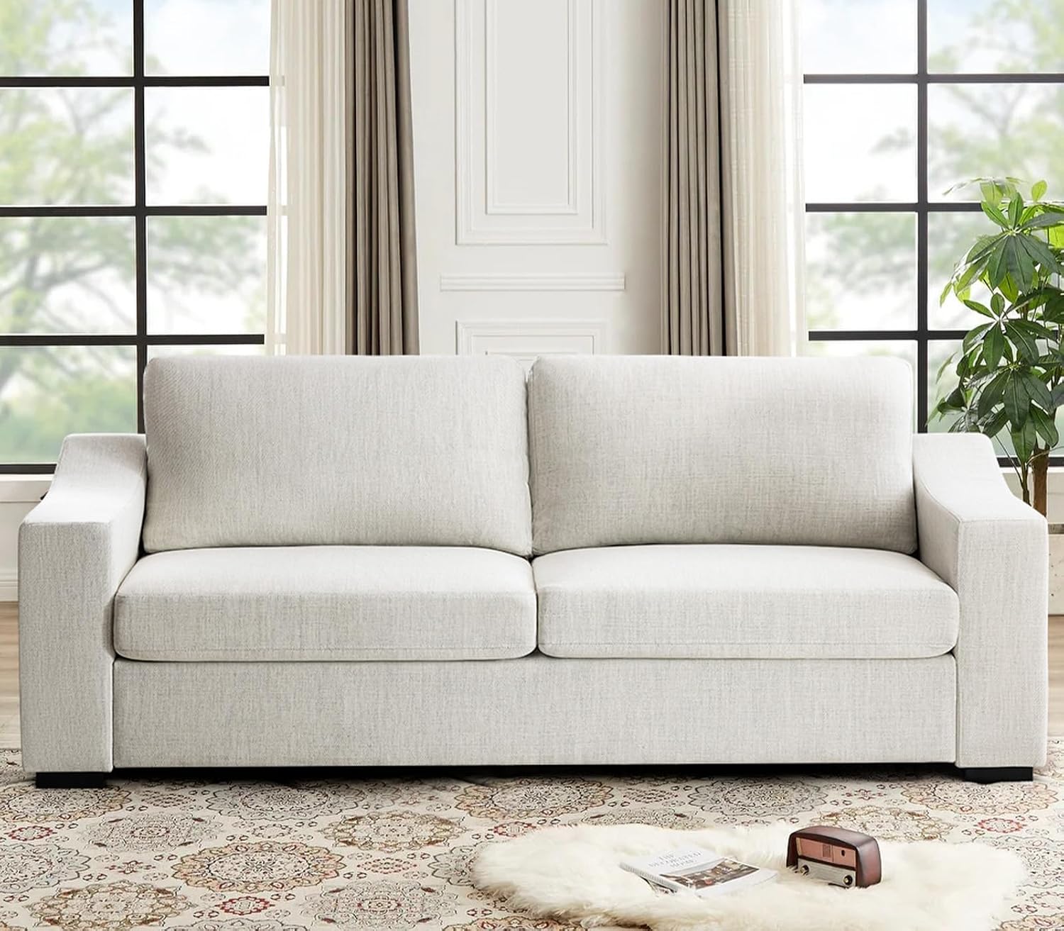 White Linen Oversized Deep‑Seat Sofa
