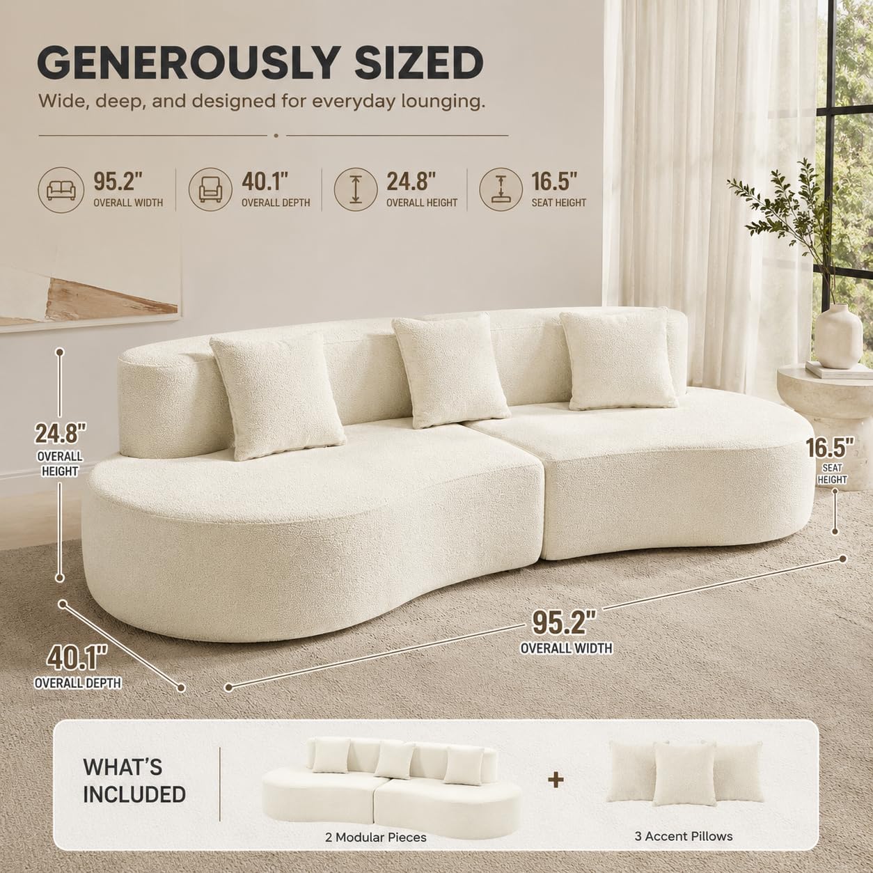 Cream Curved Modular 4‑Seater Sofa Bed