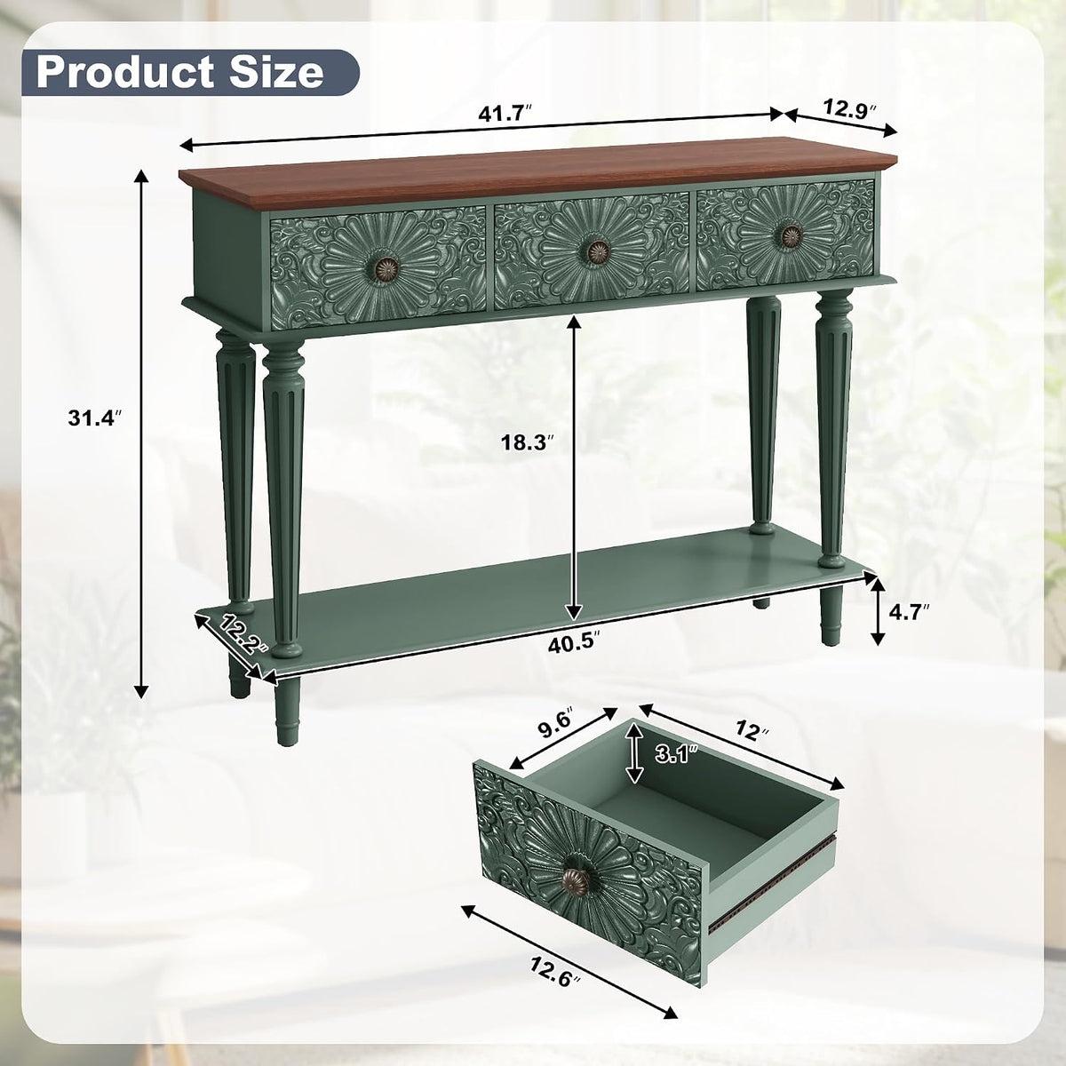 Green Floral‑Drawer Vintage Console Table