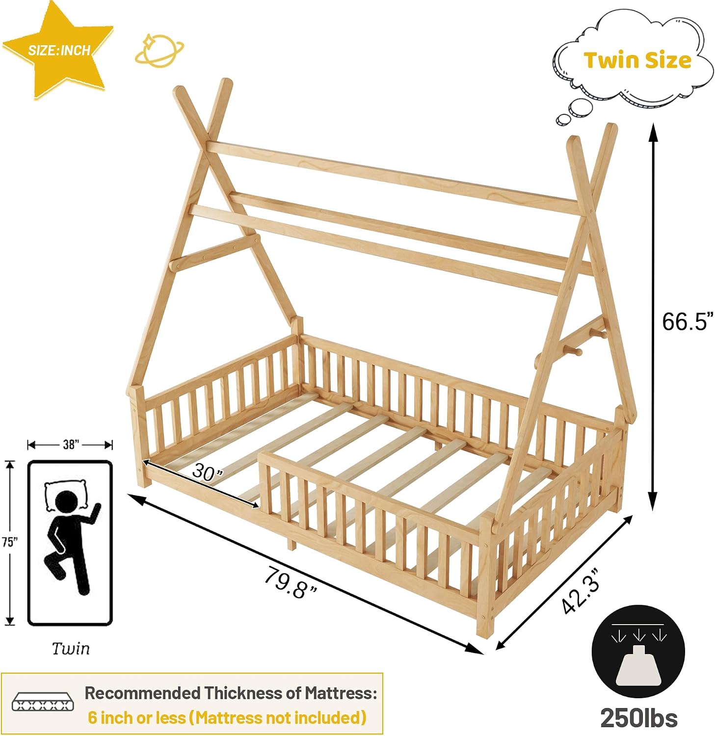 Twin Natural Lighted House Montessori Bed