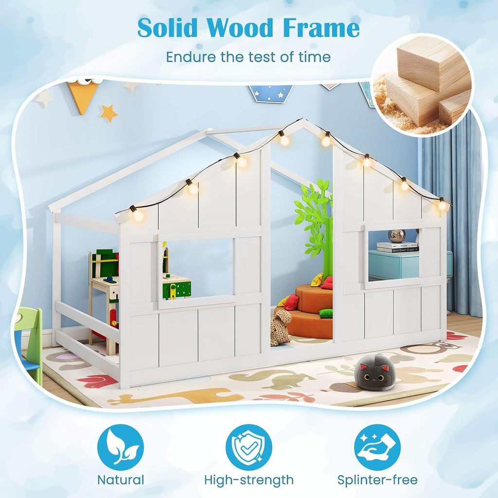 White Lighted Montessori House Floor Bed