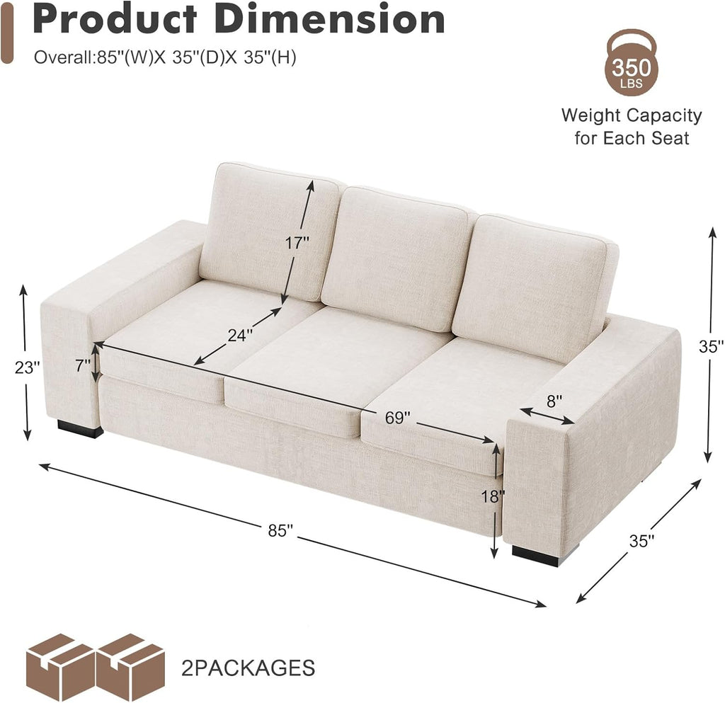 Beige Linen Deep‑Seat 3‑Seater Sofa