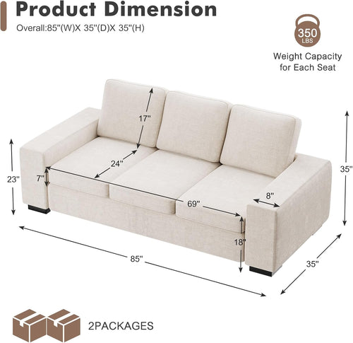 Beige Linen Deep‑Seat 3‑Seater Sofa