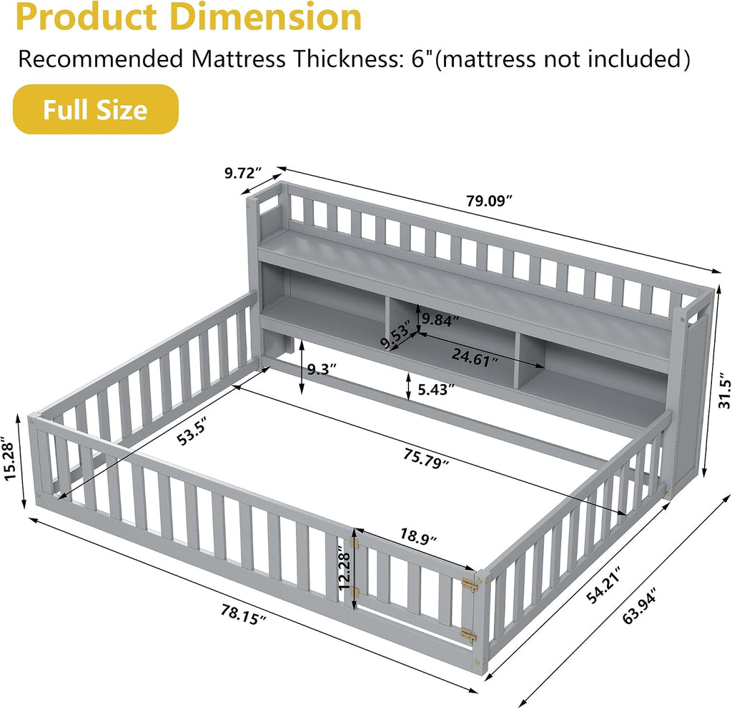 Montessori Floor Bed with Bookcase, Grey