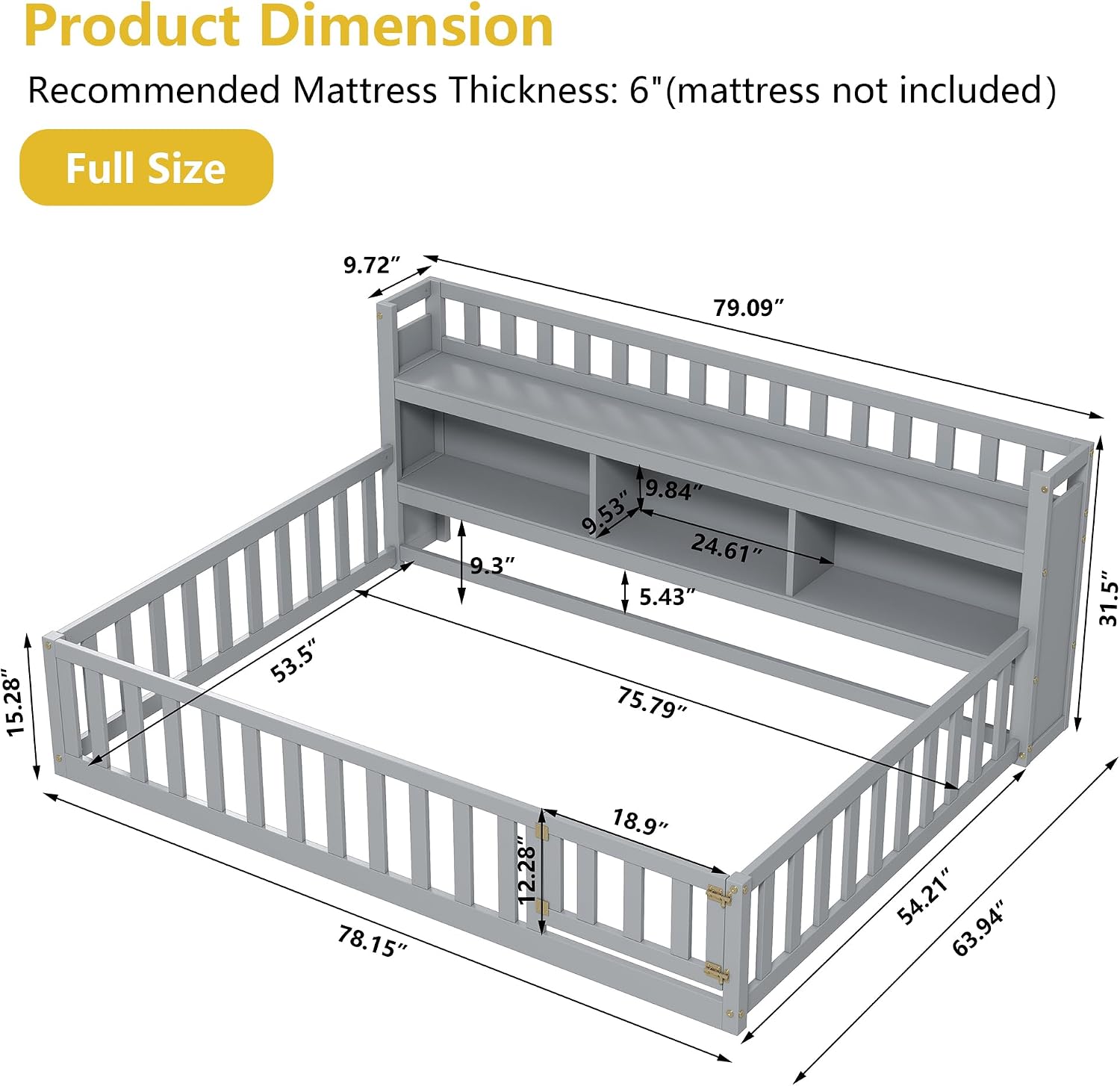 Montessori Floor Bed with Bookcase, Grey
