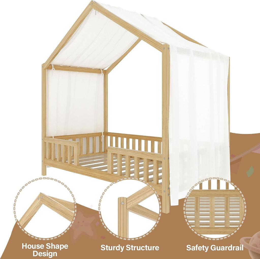 Twin Montessori Canopy House Bed, Natural