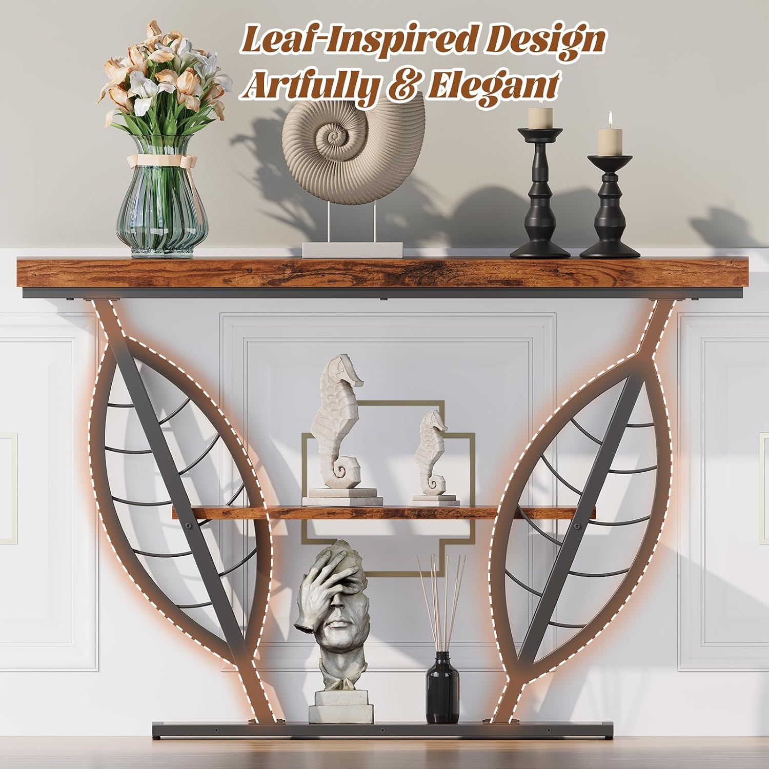 Leaf‑Design Rustic Entryway Console Table