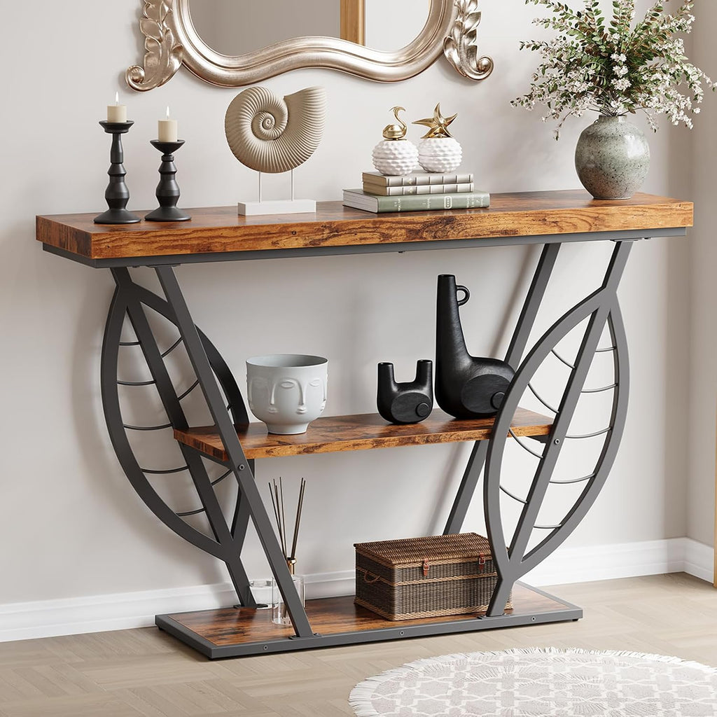 Leaf‑Design Rustic Entryway Console Table