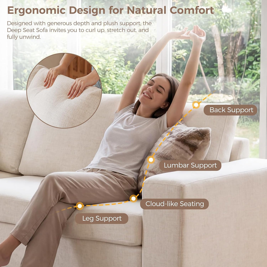 Beige Linen Deep‑Seat 3‑Seater Sofa