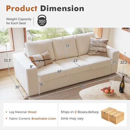 Beige Linen Cloud 3‑Seater Sofa