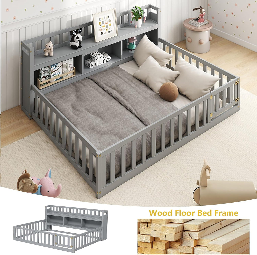 Montessori Floor Bed with Bookcase, Grey