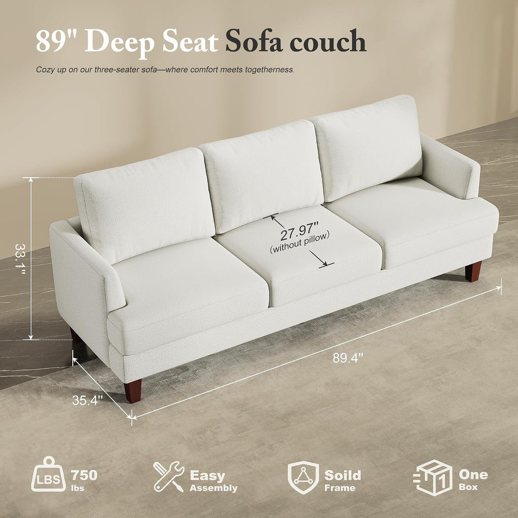 Beige Mid‑Century Deep‑Seat 3‑Seater Sofa