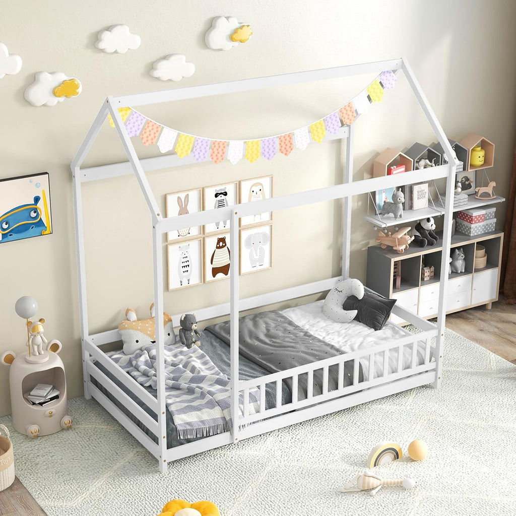 White Montessori House Floor Bed, Twin