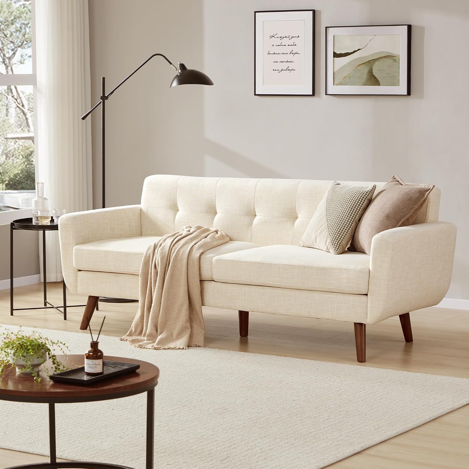 Beige Tufted Mid‑Century Linen Loveseat