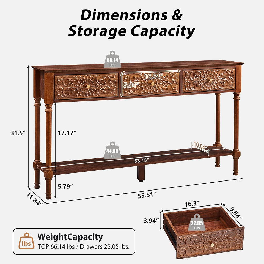 Carved Walnut Storage Console Table