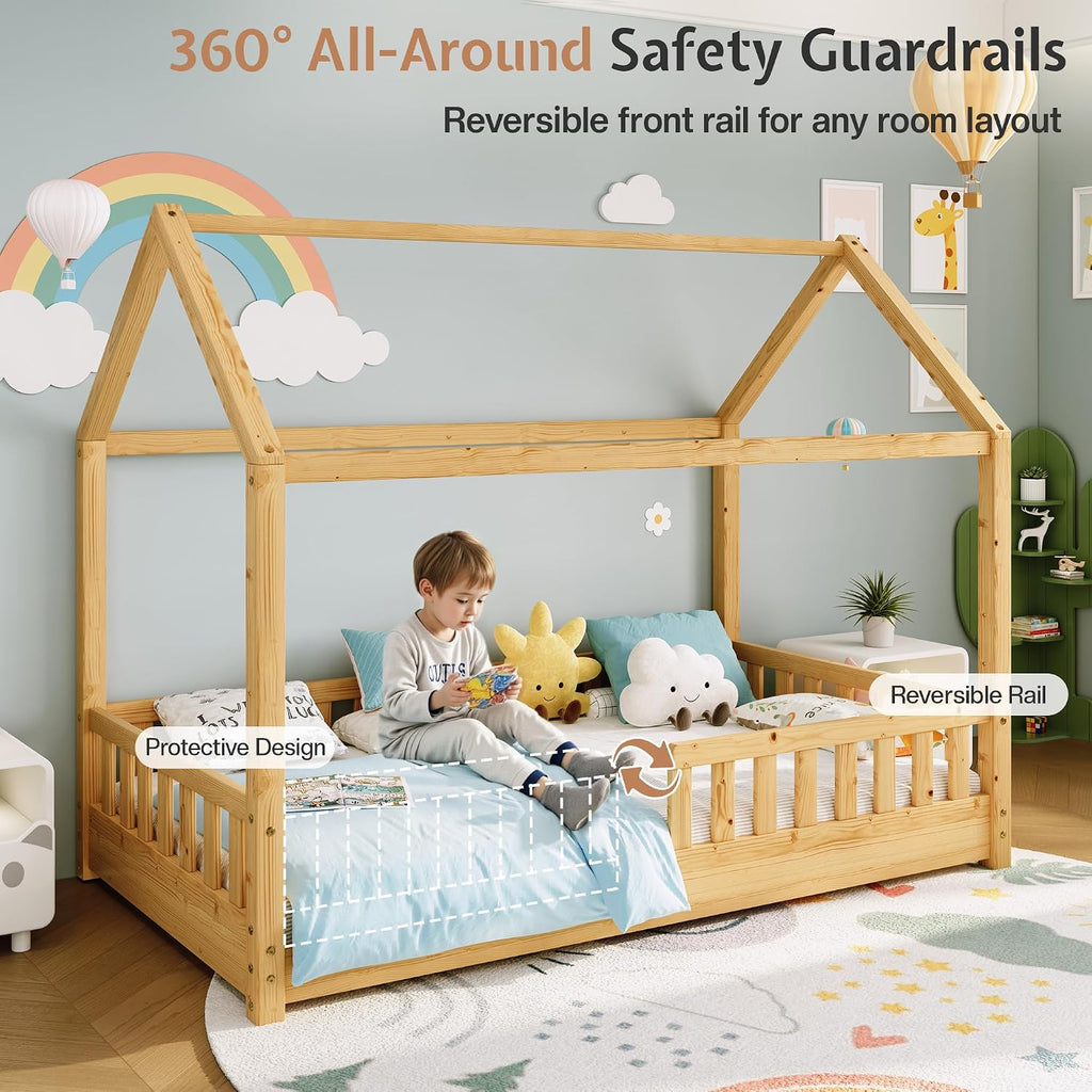Solid Wood Twin House Bed with Guardrails