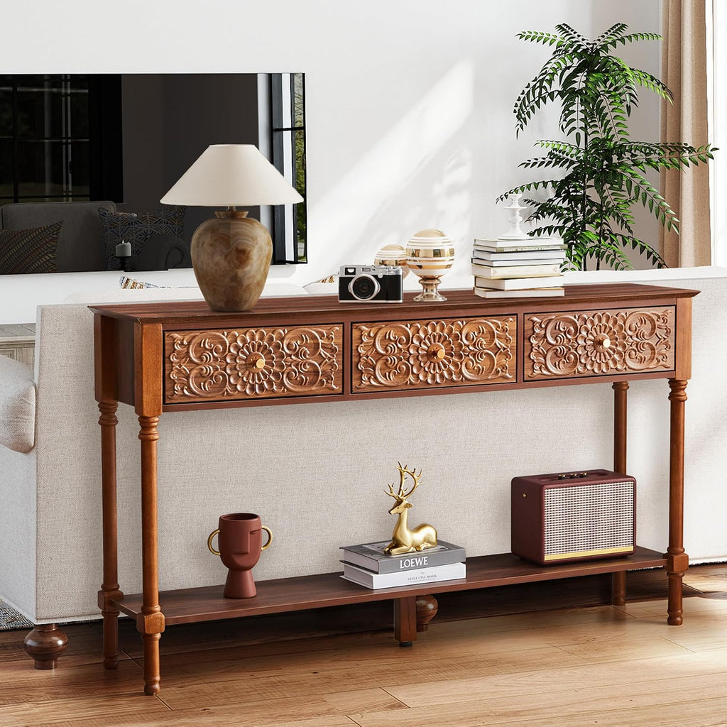 Carved Walnut Storage Console Table
