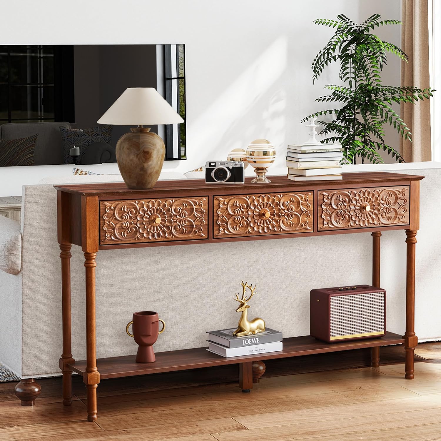 Carved Walnut Storage Console Table