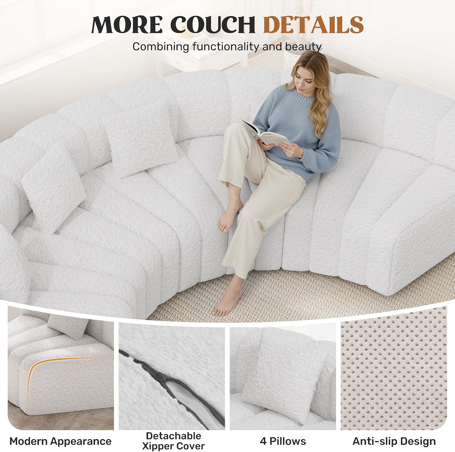 White Curved Compressed Cloud Sectional Sofa