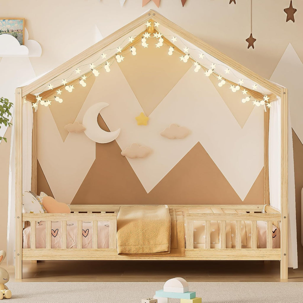 Twin Montessori Canopy House Bed, Natural