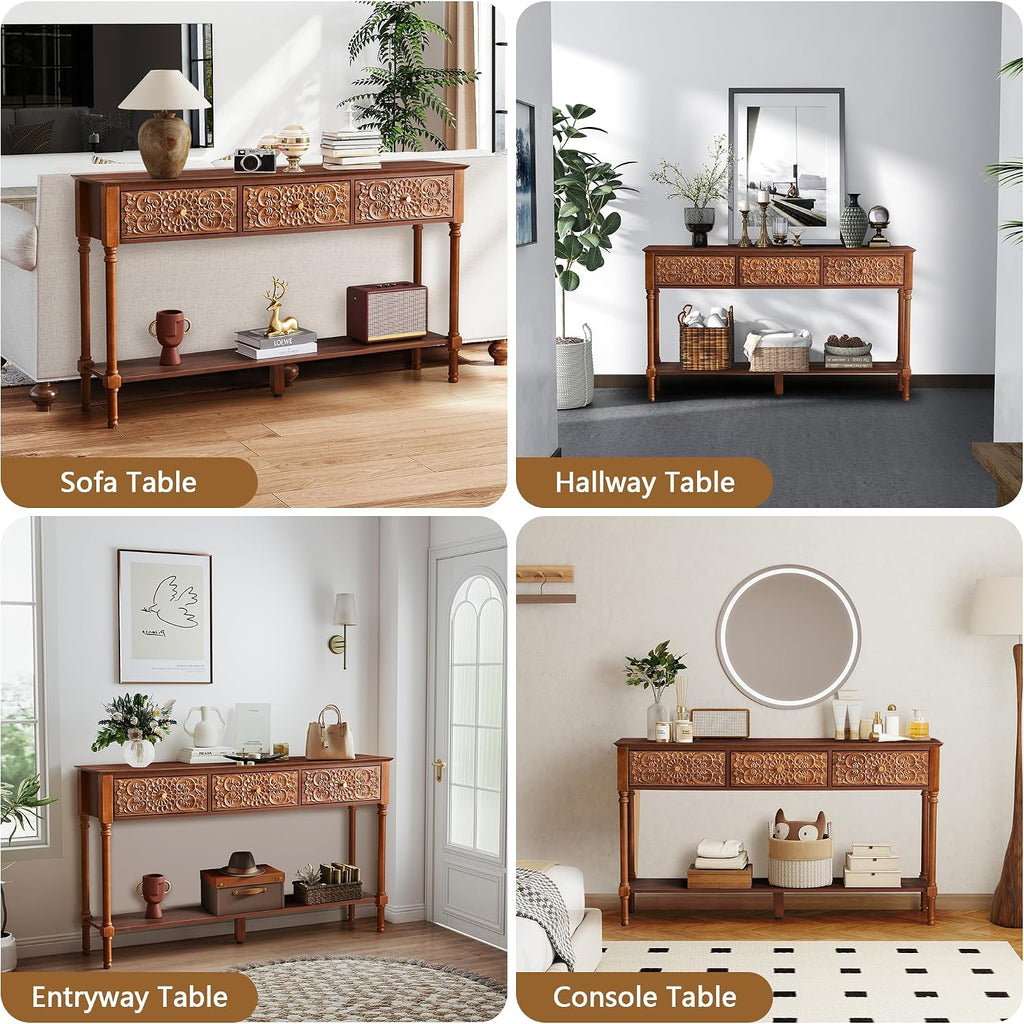 Carved Walnut Storage Console Table