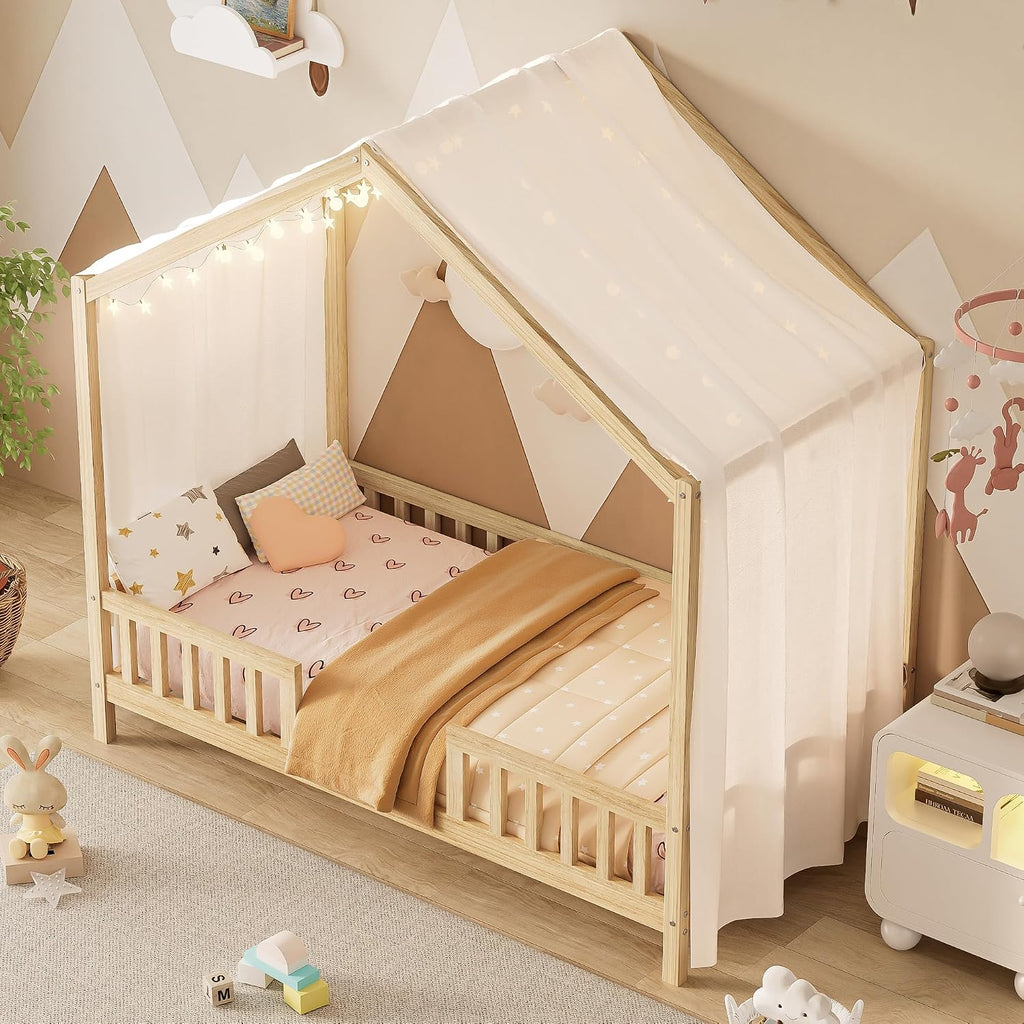 Twin Montessori Canopy House Bed, Natural