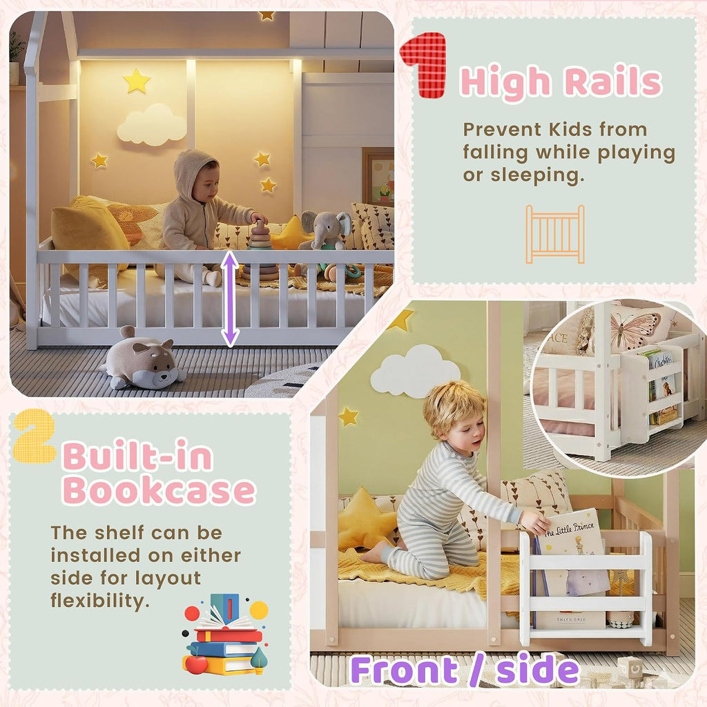 White Montessori House Bed With LED & Bookcase