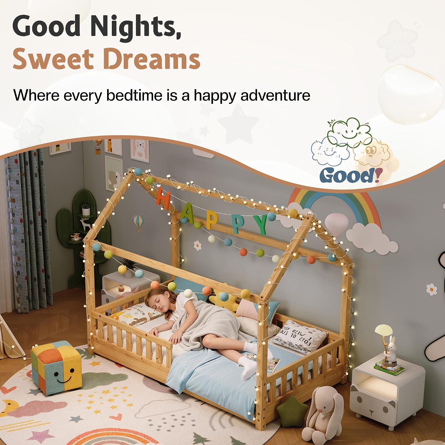 Solid Wood Twin House Bed with Guardrails