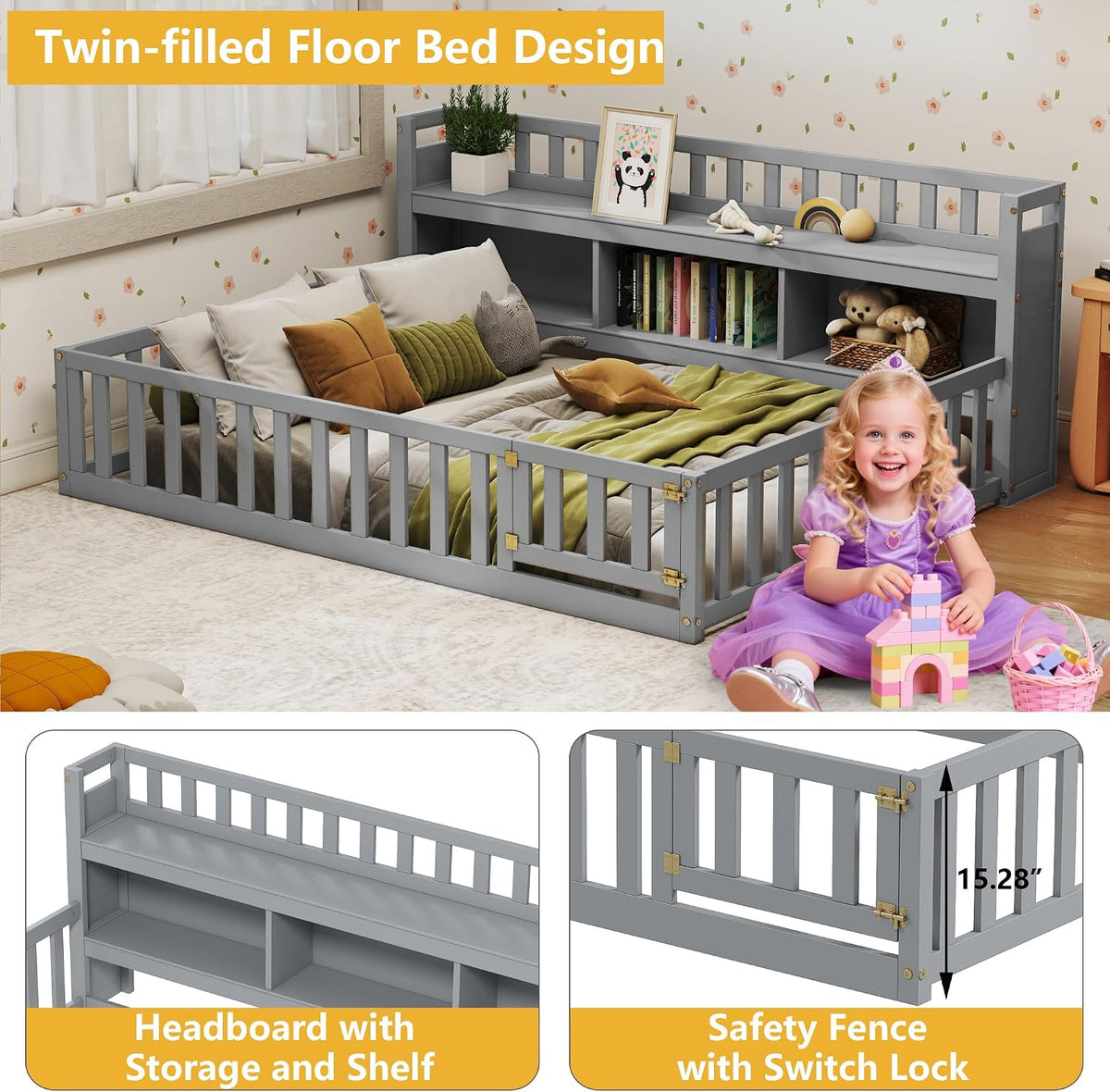 Grey Montessori Floor Bed with Storage