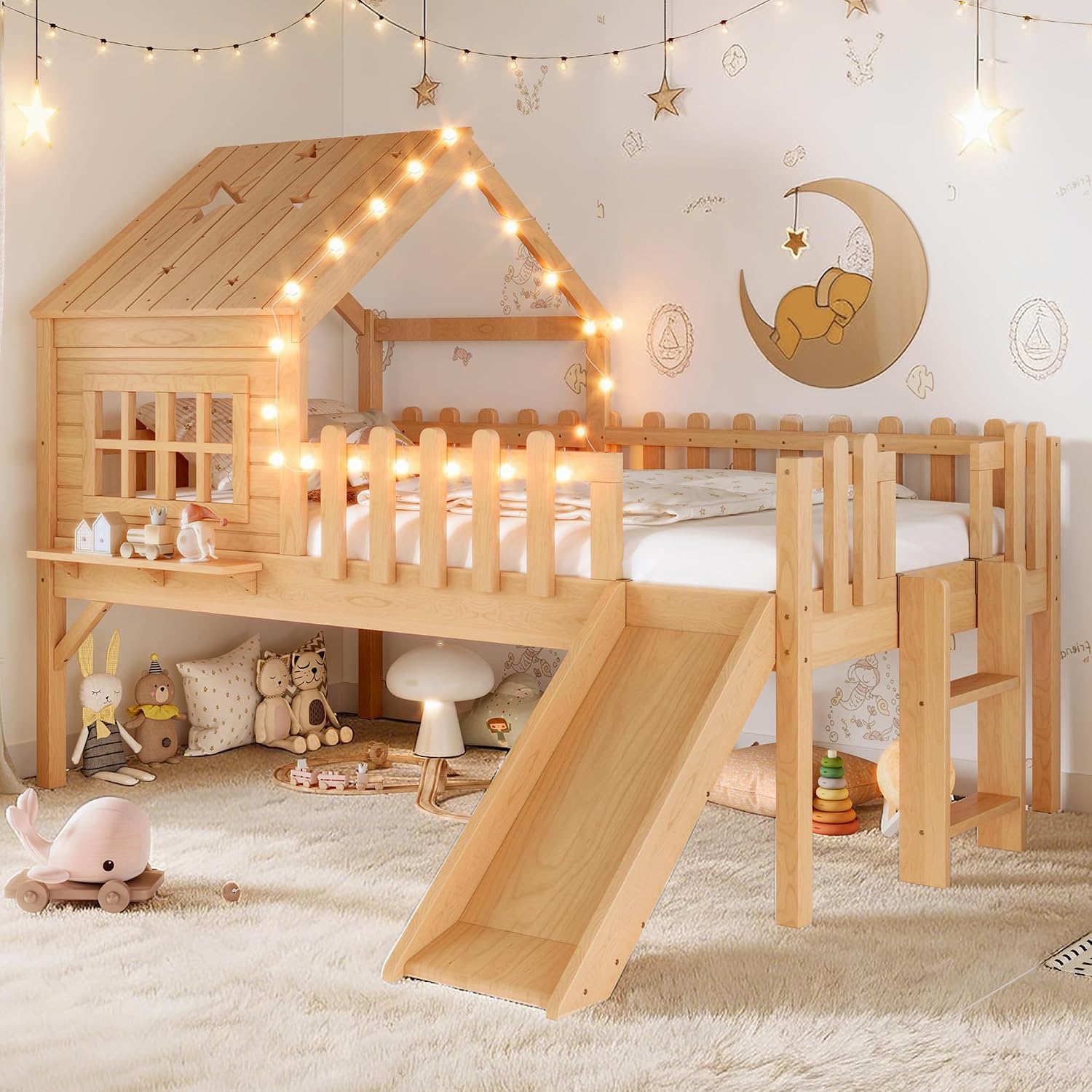 Twin Natural Playhouse Loft Bed with Slide