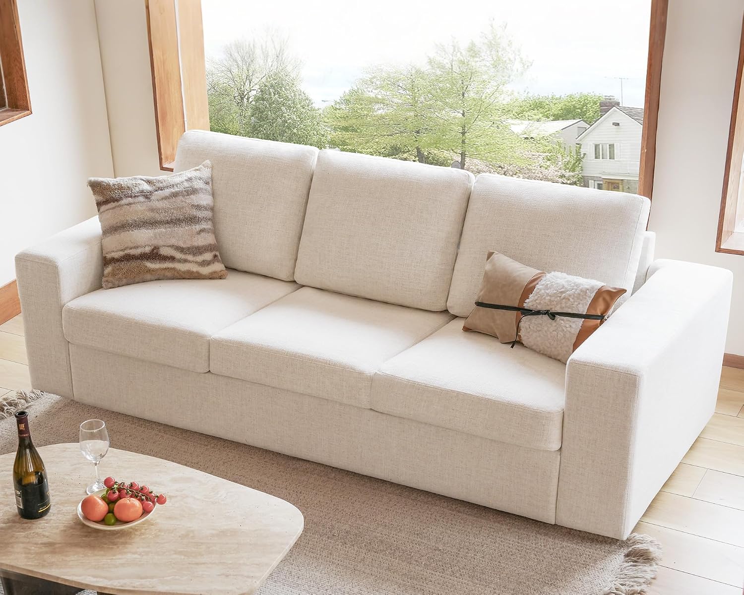 Beige Linen Deep‑Seat 3‑Seater Sofa