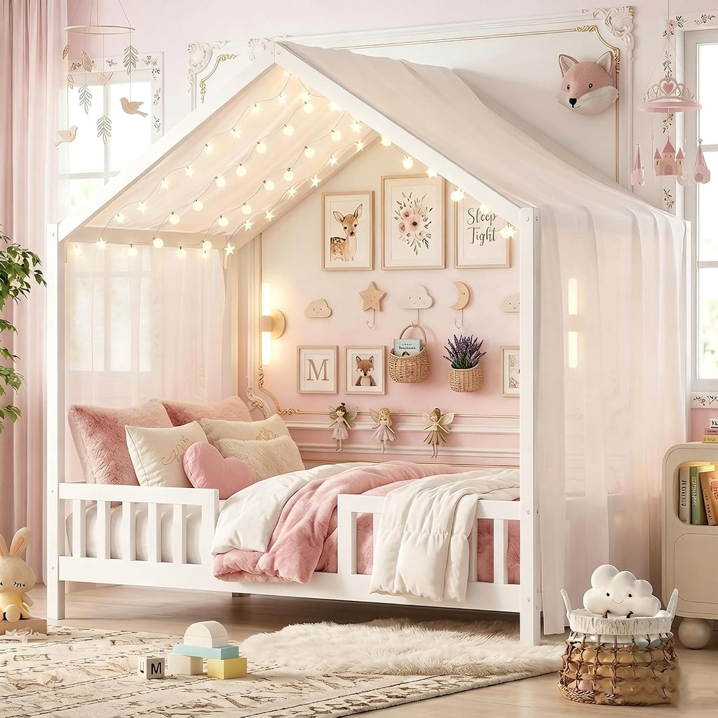 White Montessori House Bed with High Rails