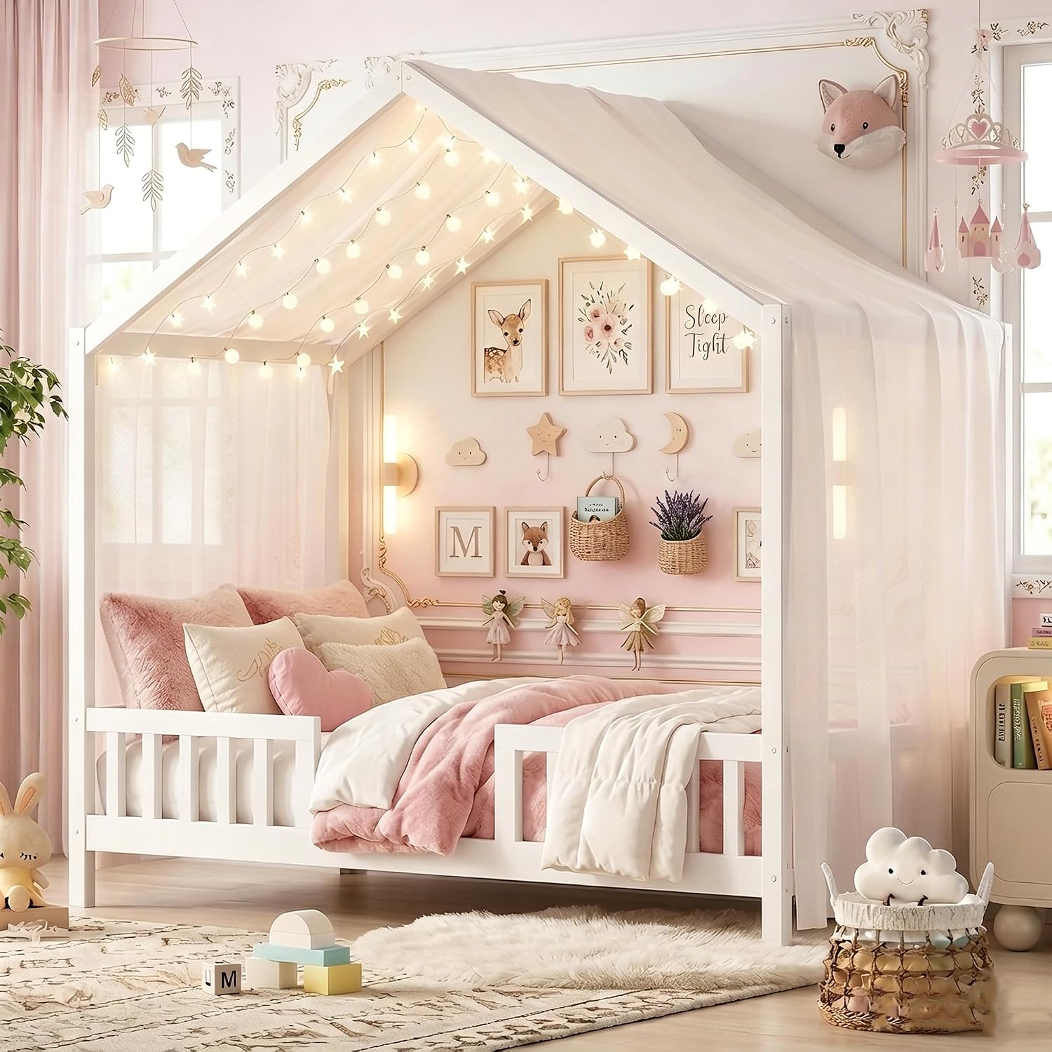 White Montessori House Bed with High Rails