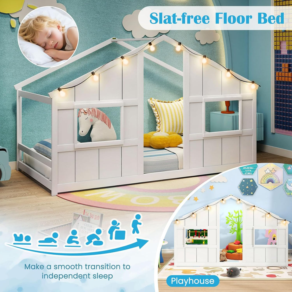 White Lighted Montessori House Floor Bed