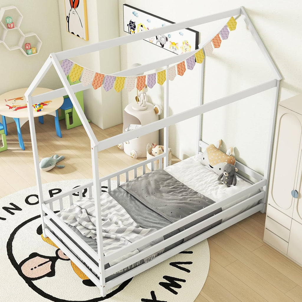 White Montessori House Floor Bed, Twin