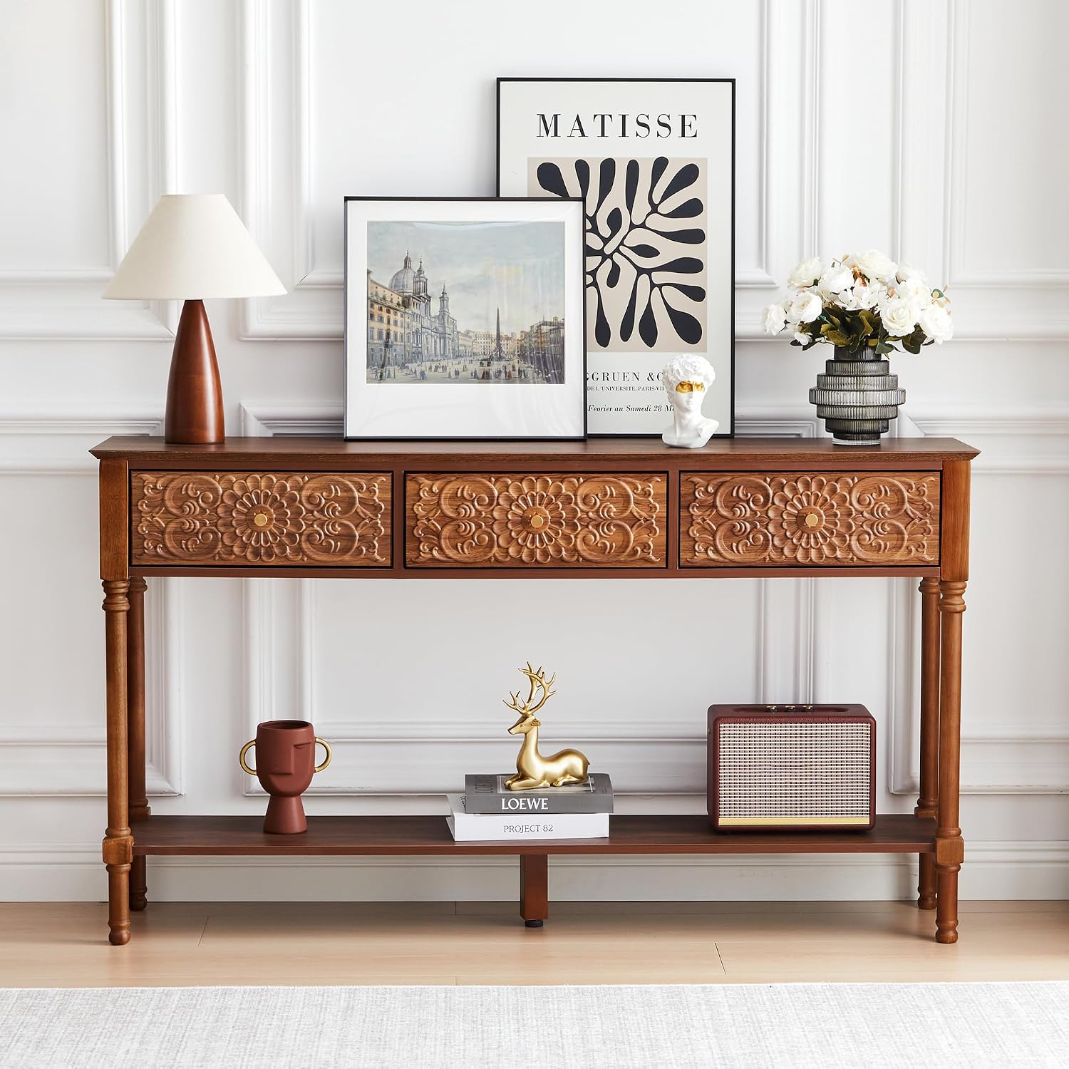 Carved Walnut Storage Console Table