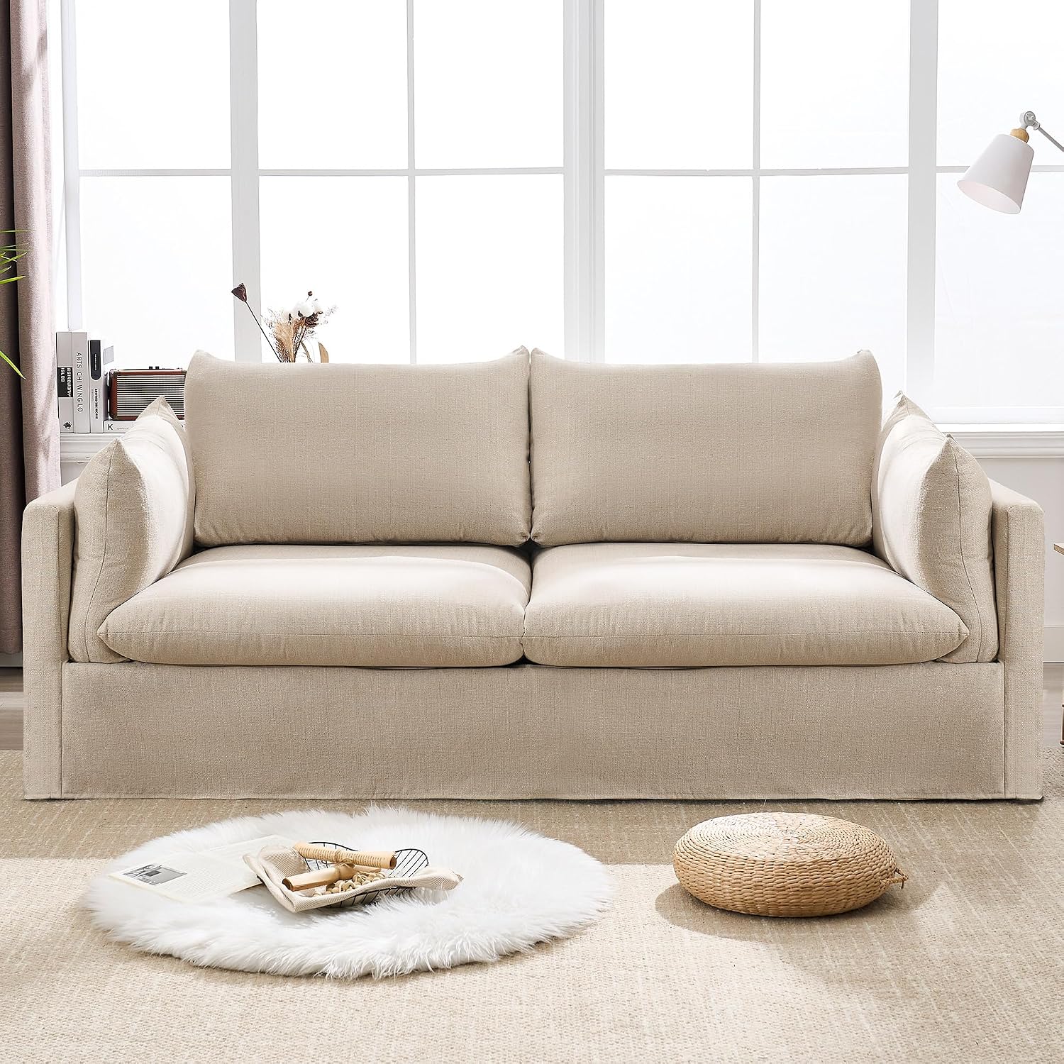 Beige Linen Slipcovered 3‑Seater Sofa